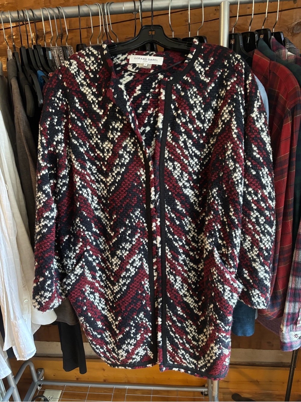 Gerard Darel Burgundy Navy Cream Chevron Cardigan